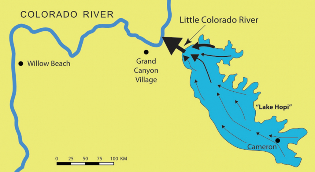 Schematic of postulated currents in “Lake Hopi” and the Little Colorado River Canyon.