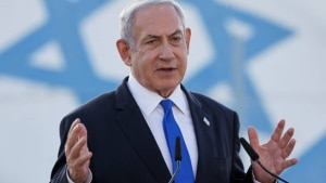 Israeli Prime Minister Benjamin Netanyahu delivers a statement at the Palmachim Air Force Base near the city of Rishon Lezion, Israel July 5, 2023.