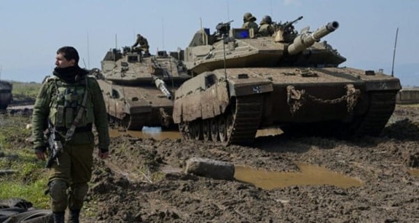 IDF Armored Corps soldiers drill near Moshav Aniam on the Golan Heights