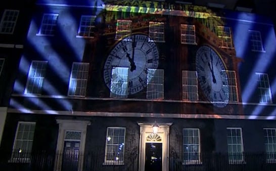 The moment of Brexit. Big Ben Bongs and is projected onto 10 Downing Street. (Source: The Guardian)