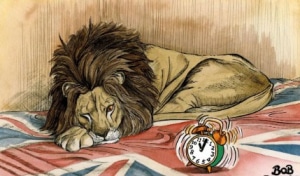 Cartoon depicting Britain as a sleeping Lion being woken up by Brexit (Source: Telegraph Credit: Bob)
