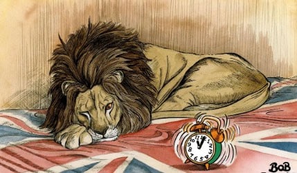 Cartoon depicting Britain as a sleeping Lion being woken up by Brexit (Source: Telegraph Credit: Bob)
